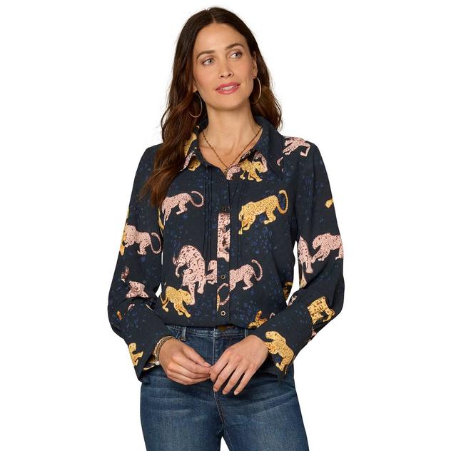 Womens Democracy Long Sleeve Pleat Button Front Cheetah Blouse