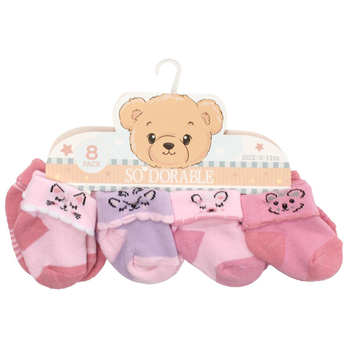 Baby Girl (NB-12M) so''dorable 8pk. Animal Face Turn Cuff Socks