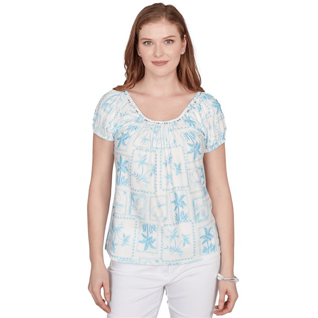 Plus Size Hearts of Palm Aqua Fresh Postcard Tropical Blouse