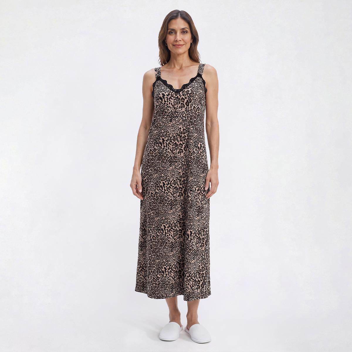 Womens Jessica Simpson Sleeveless Leopard Sleepdress W/Lace Trim