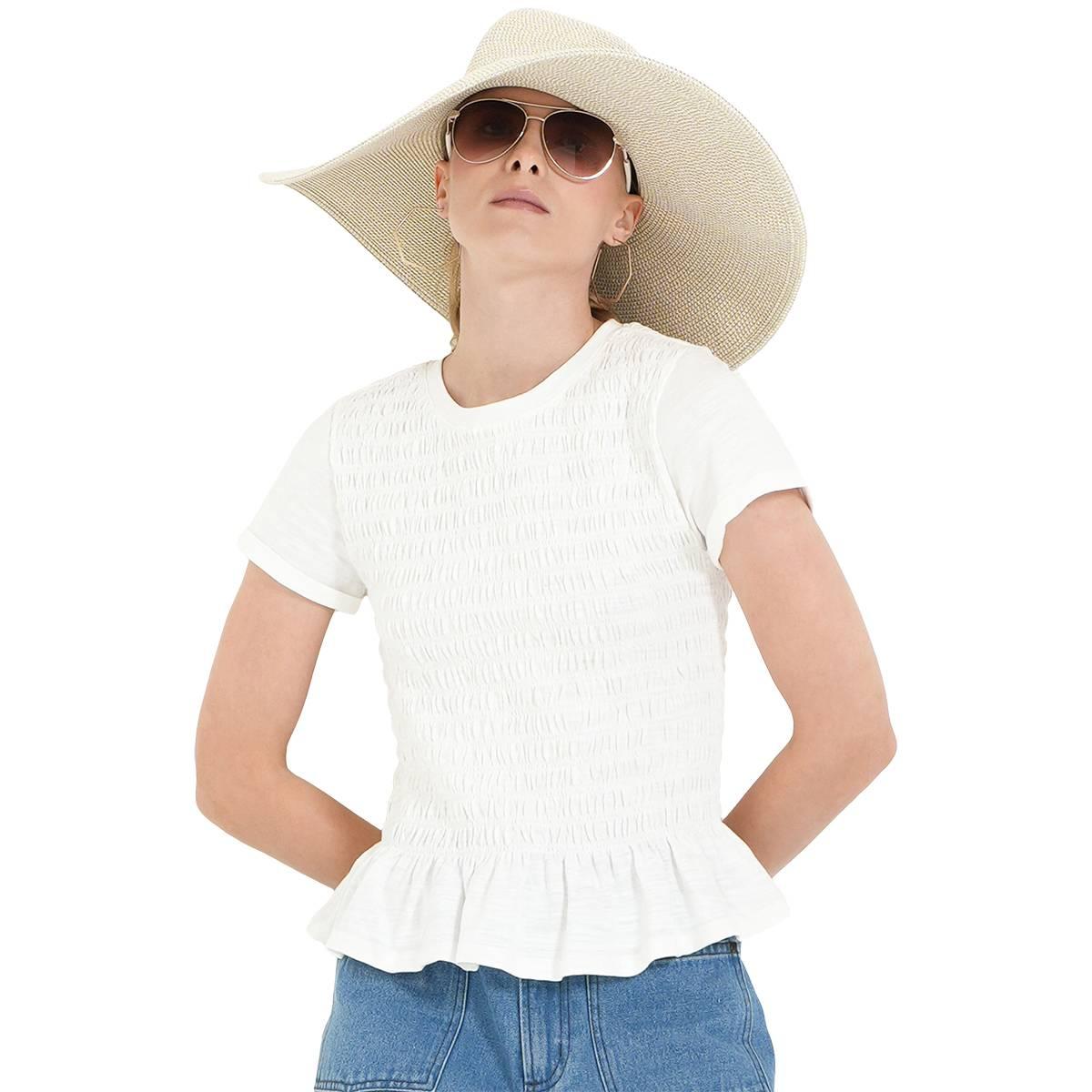 Womens MNK Short Sleeve Ruffle Hem Smocked Blouse