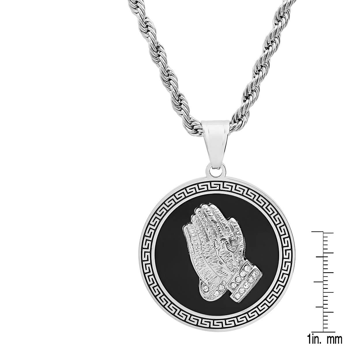 Mens Steeltime Prayer Hand Pendant with Simulated Diamonds
