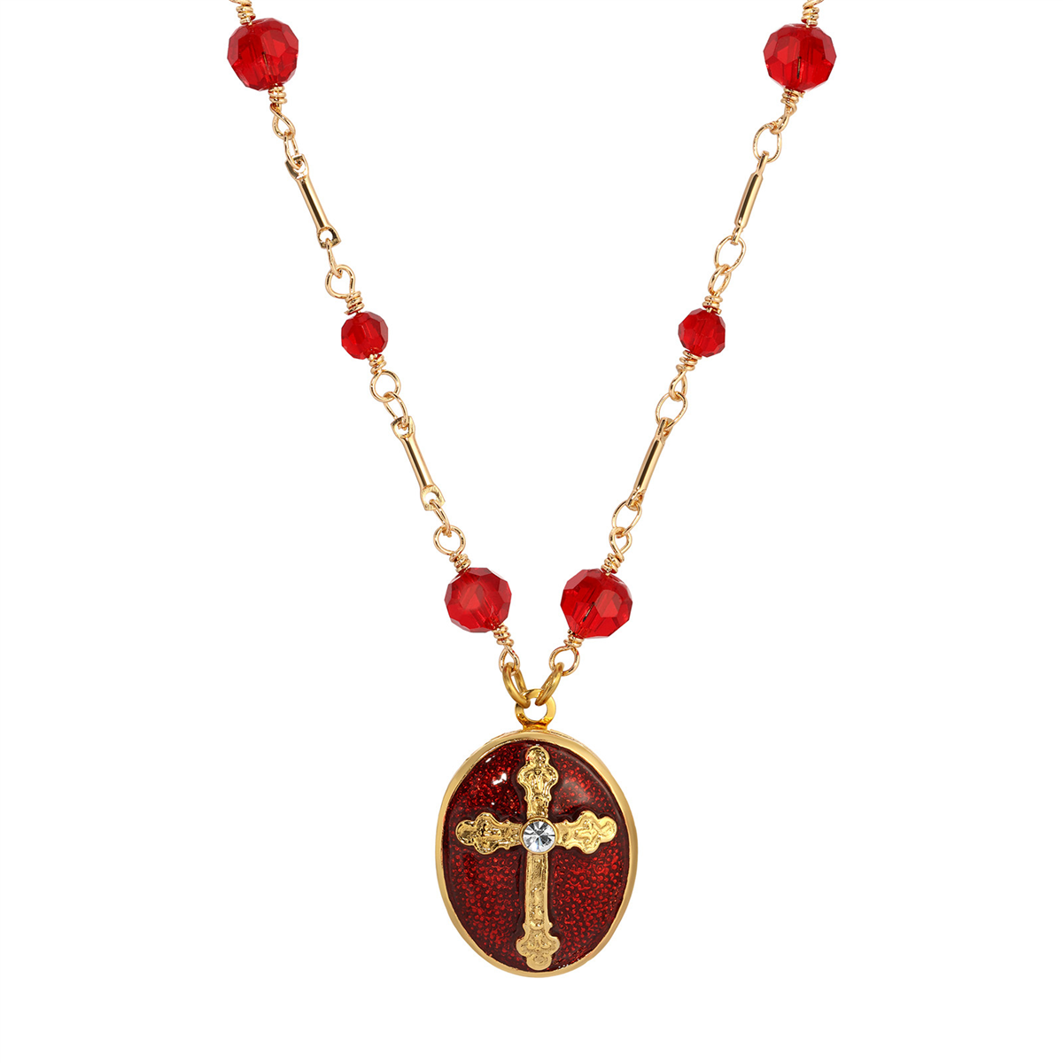 Symbols of Faith Enamel Cross Oval Locket Beaded Chain Necklace