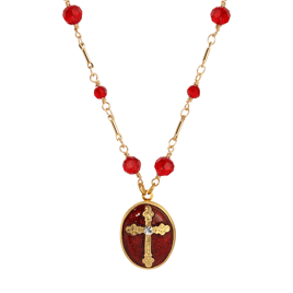 Symbols of Faith Enamel Cross Oval Locket Beaded Chain Necklace