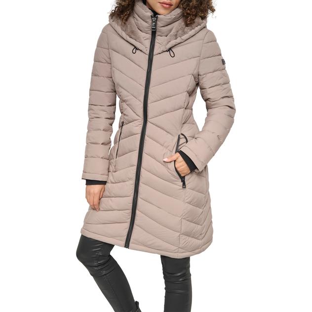 Womens DKNY Puffer Coat with Faux Fur Lined Hood