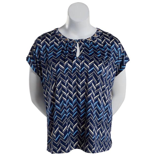 Plus Size Notations Short Sleeve Chevron Grommet Neck Blouse