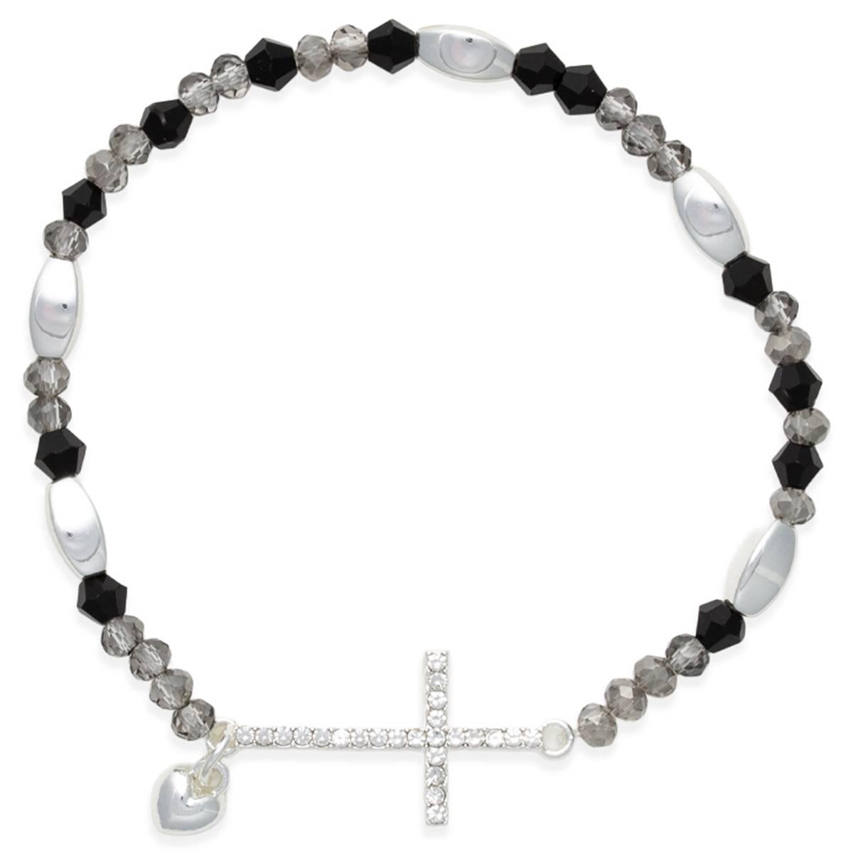 Beautiful Blessings Hematite Jet Stone Stretch Bracelet w/ Cross