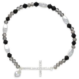 Beautiful Blessings Hematite Jet Stone Stretch Bracelet w/ Cross