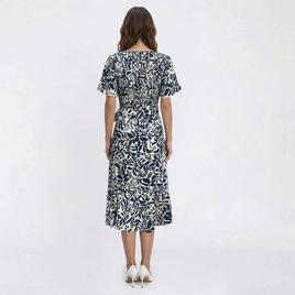 Womens Luxology Short Sleeve V Neck Leaf Smocked Midi Dress
