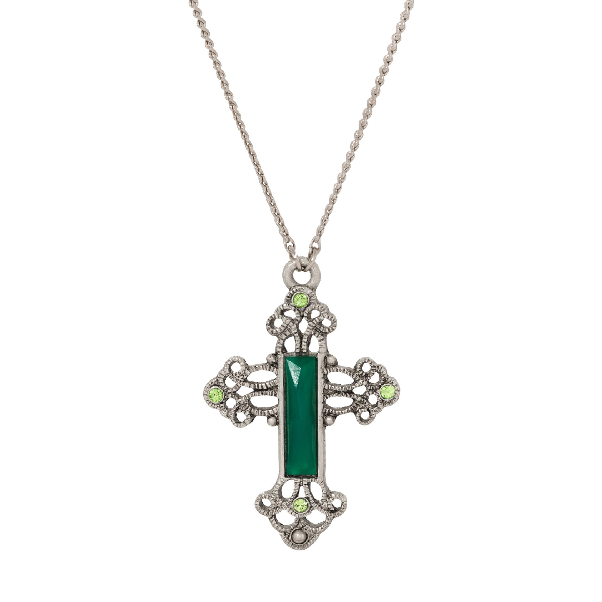 Symbols of Faith Pewter Silver Tone Green Cross 30 Necklace