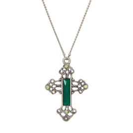 Symbols of Faith Pewter Silver Tone Green Cross 30 Necklace