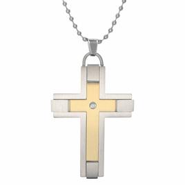 Mens Lynx Stainless 1/8ctw. Diamond & Gold-Tone IP Cross Pendant