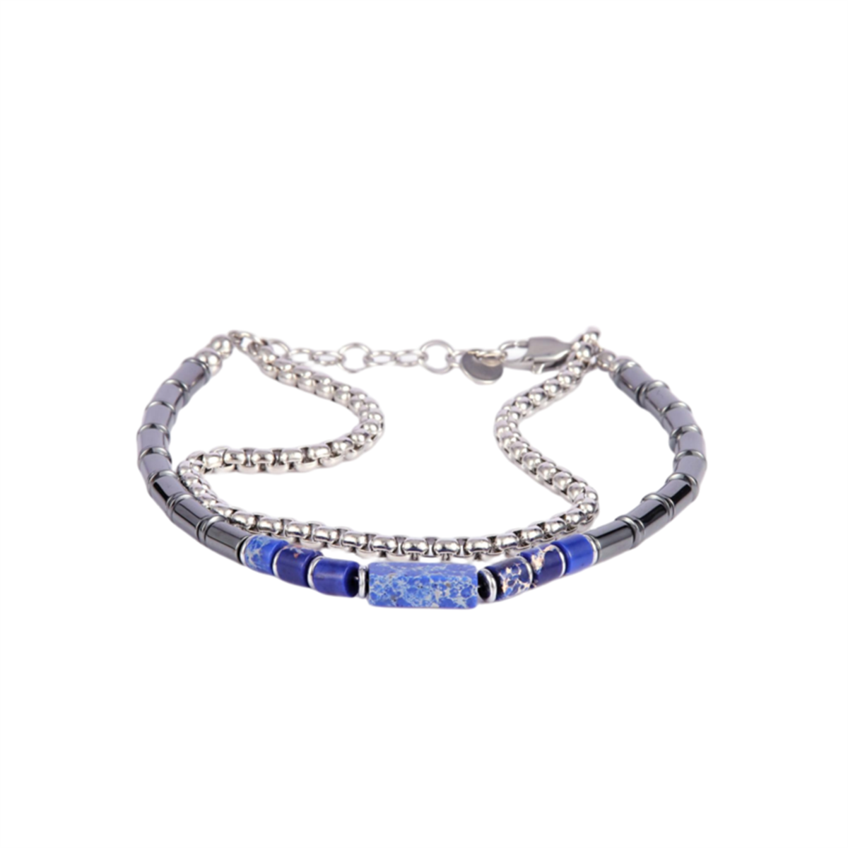 Mens Iron Saints Silver Blue Bead Box Chain Layered Bracelets