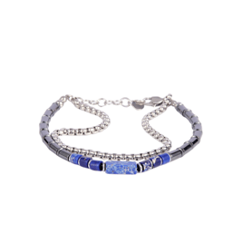Mens Iron Saints Silver Blue Bead Box Chain Layered Bracelets