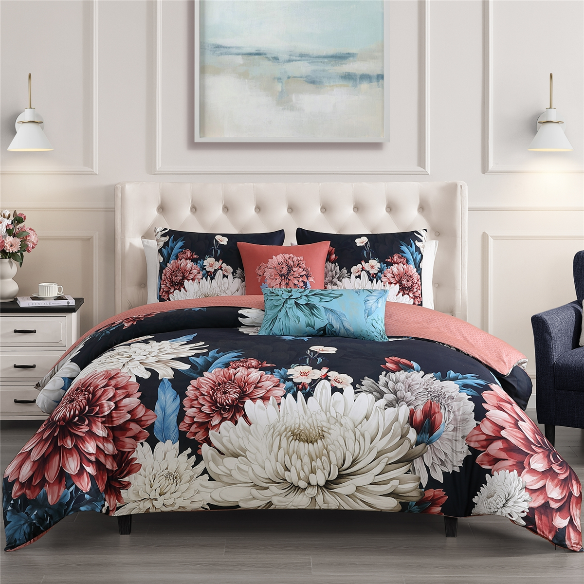 Bebejan Navy Mums 5pc. Reversible Comforter Set