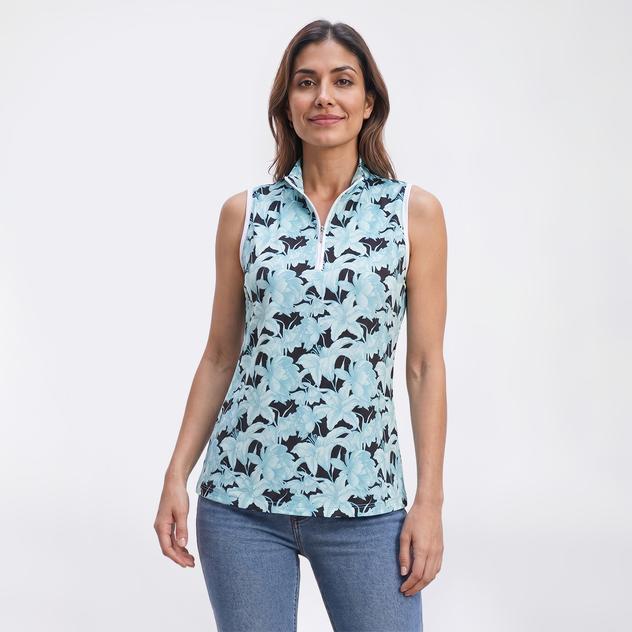 Womens Court Haley Sleeveless Zip Front Tropical Polo
