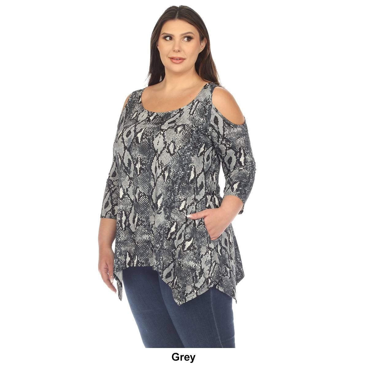 Plus Size White Mark Snake Print Cold Shoulder Tunic