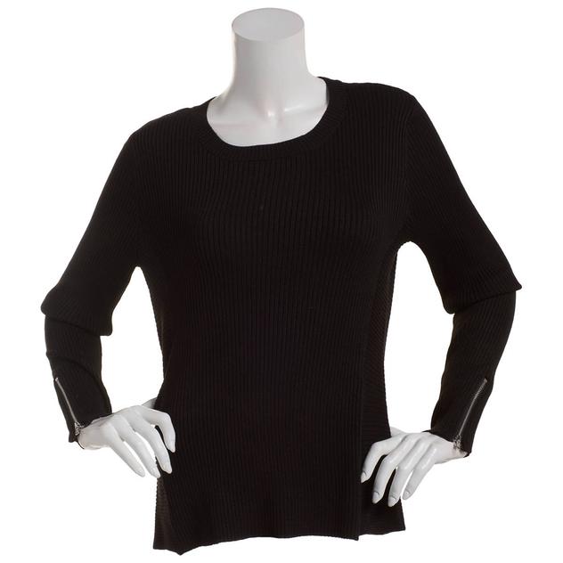 Womens Retrology Allover Rib Crew Neck Zipper Sleeve Sweater
