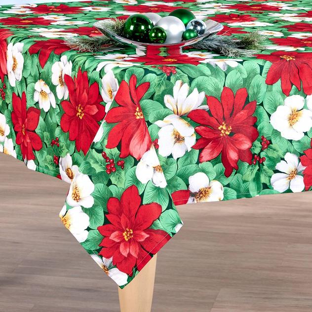 Bright & Festive Poinsettia Fabric Tablecloth