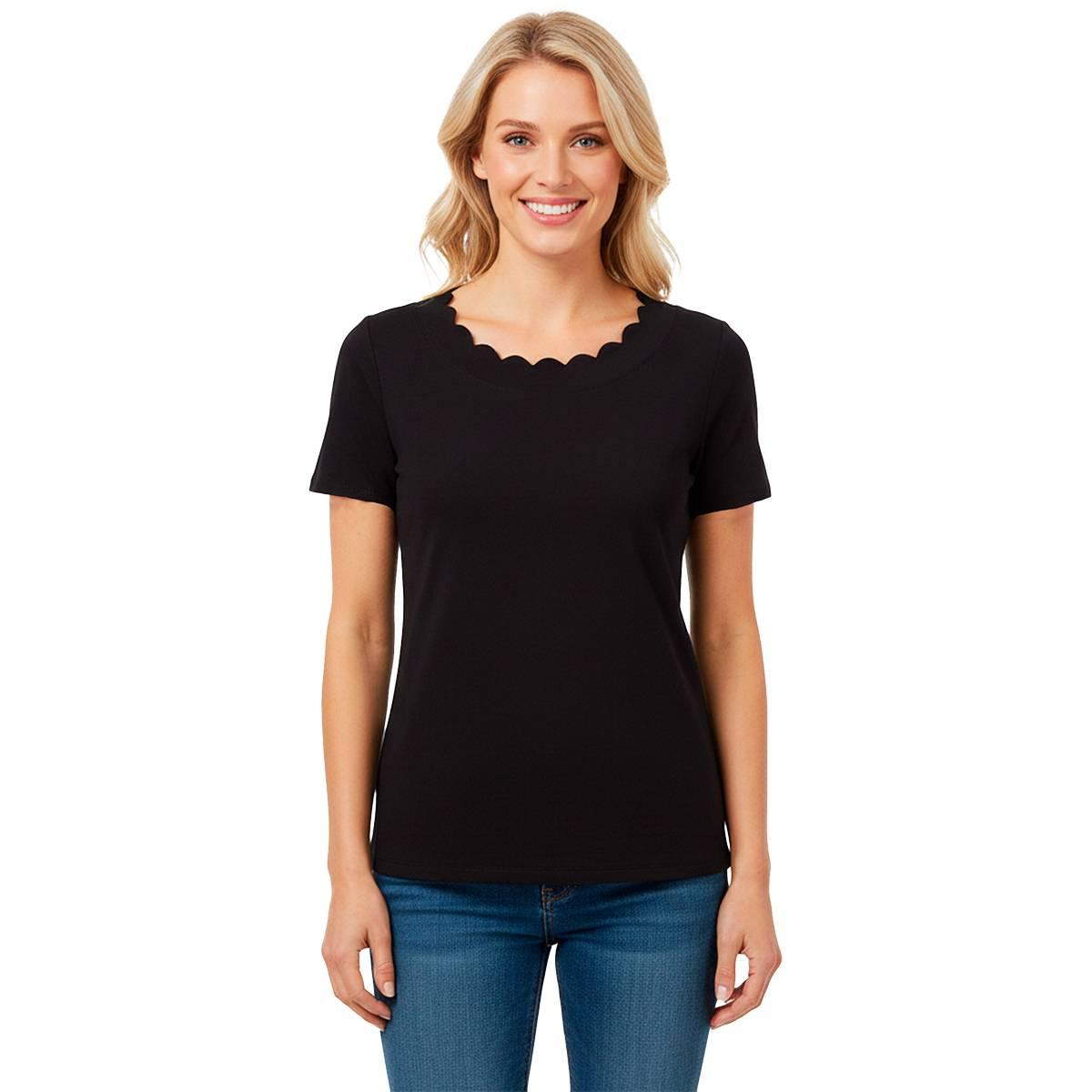 Womens AK Anne Klein Short Sleeve Scallop Neck Solid Tee