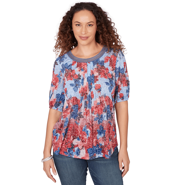 Petite Ruby Rd. French Riviera Pleated Floral Lace Trim Blouse