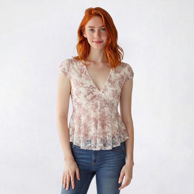 Juniors Madden Girl Floral Lace Cap Sleeve Babydoll Top