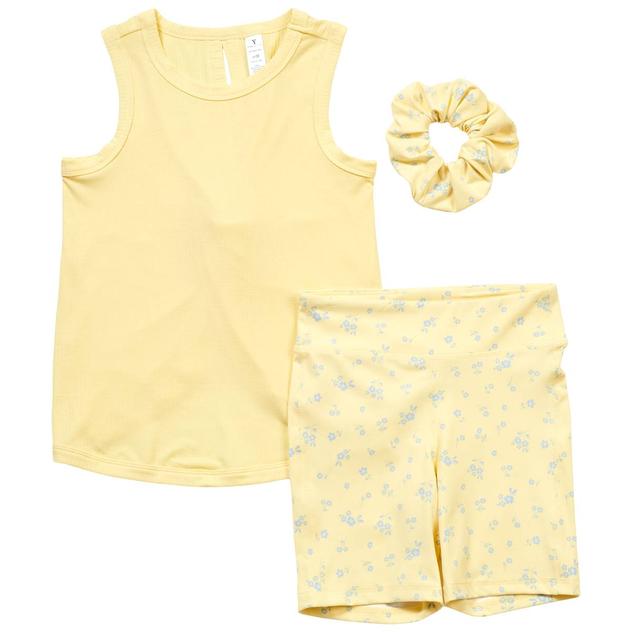 Girls (7-14) Yogalicious® Tank w/ Floral Bike Shorts & Scrunchie