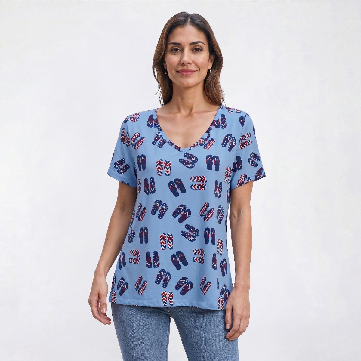 Womens Runway Ready Short Sleeve Flip Flops V-Neck Tee
