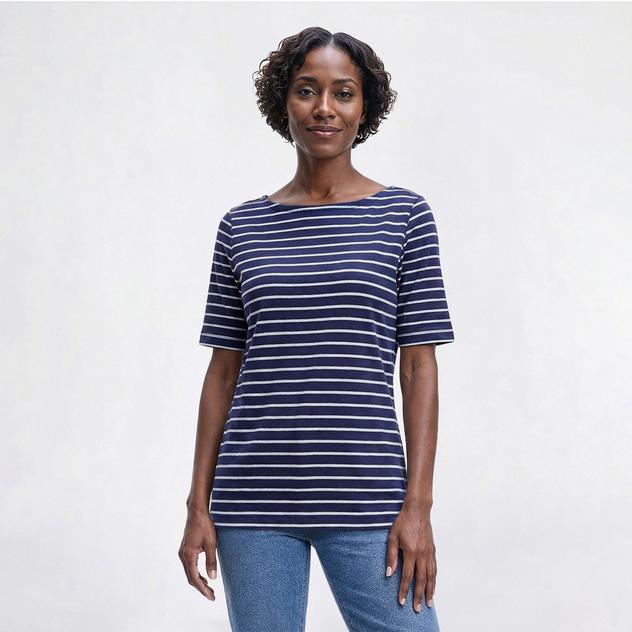 Petite Hasting & Smith Elbow Sleeve Stripe Boat Neck Tee
