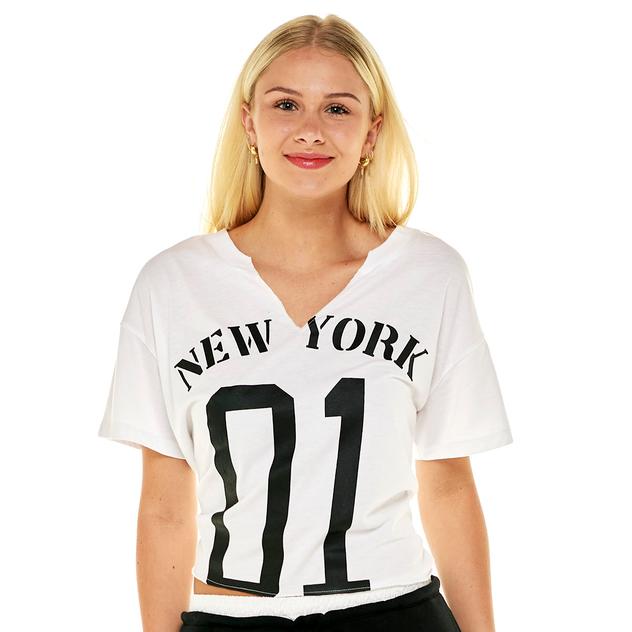 Juniors No Comment Oversized New York Raw Hem Tee