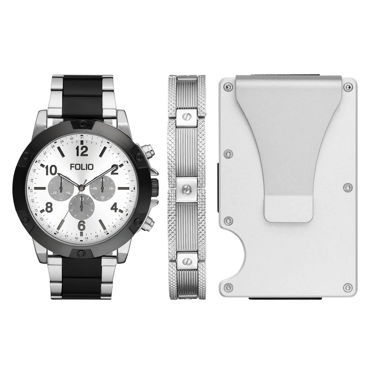 Mens Folio Two-Tone Watch/Bracelet & Cardholder Set - FMDFL6066