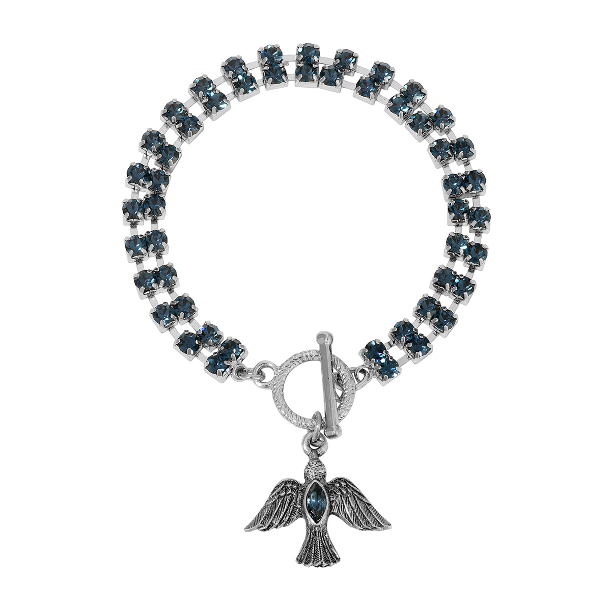 Symbols of Faith Silver Tone 2-Row Crystal Dove Charm Bracelet