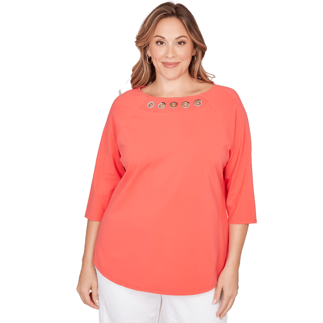 Plus Size Ruby Rd. Set Sail 3/4 Sleeve Grommet Neck Blouse