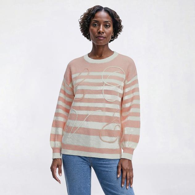 Womens Nicole Miller Long Sleeve Stripe Love Embroidered Sweater