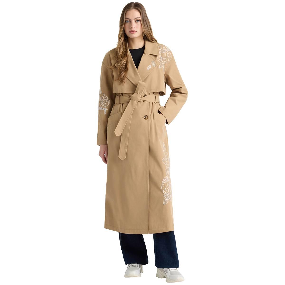Womens NVLT Double Breasted Belted Trench Coat with Embroidery