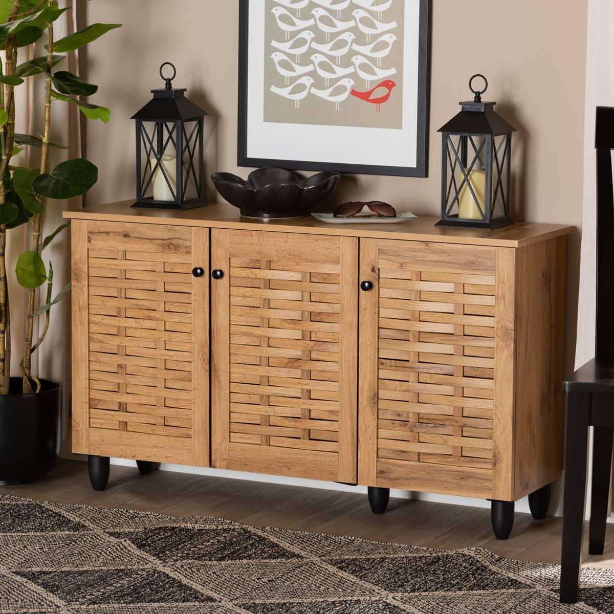 Baxton Studio Winda Oak Brown Wood 3-Door Shoe Cabinet