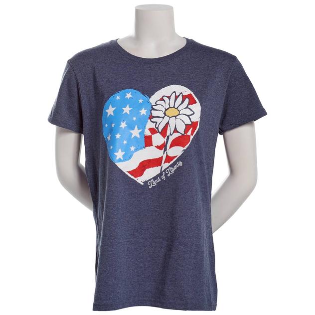 Womens Home of the Brave Flag Flower Heart Short Sleeve Tee