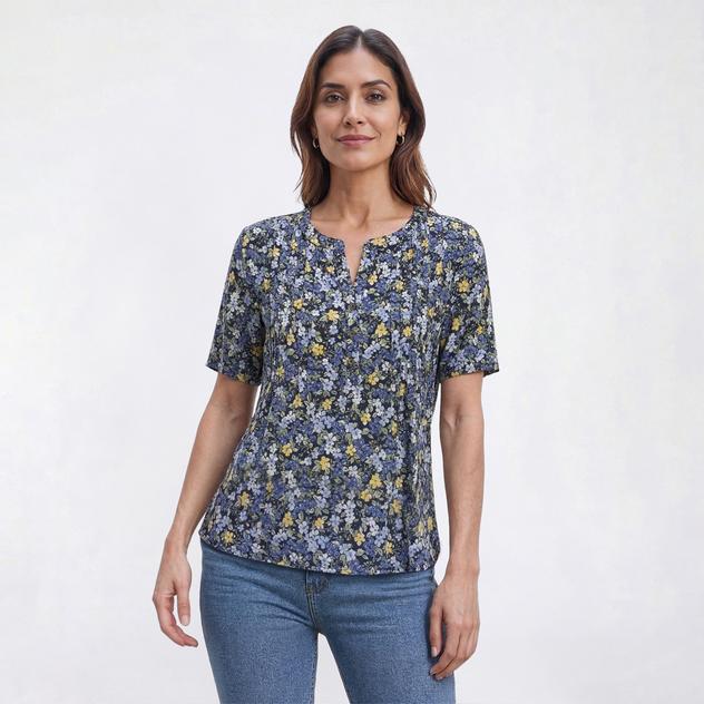 Petite Napa Valley Short Sleeve Floral Pleat Henley Blouse