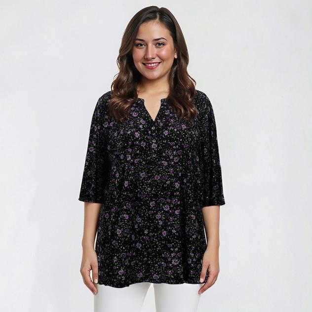 Plus Size Napa Valley 3/4 Sleeve Abstract Floral Henley Blouse