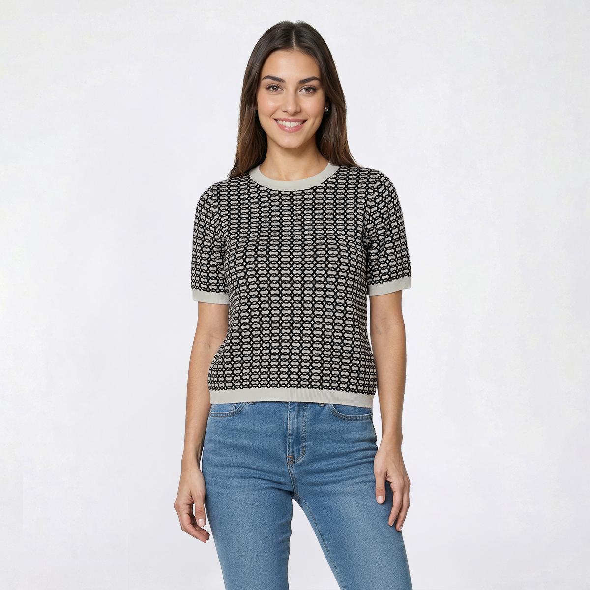 Womens Adrianna Papell Short Sleeve Geometric Circle Sweater