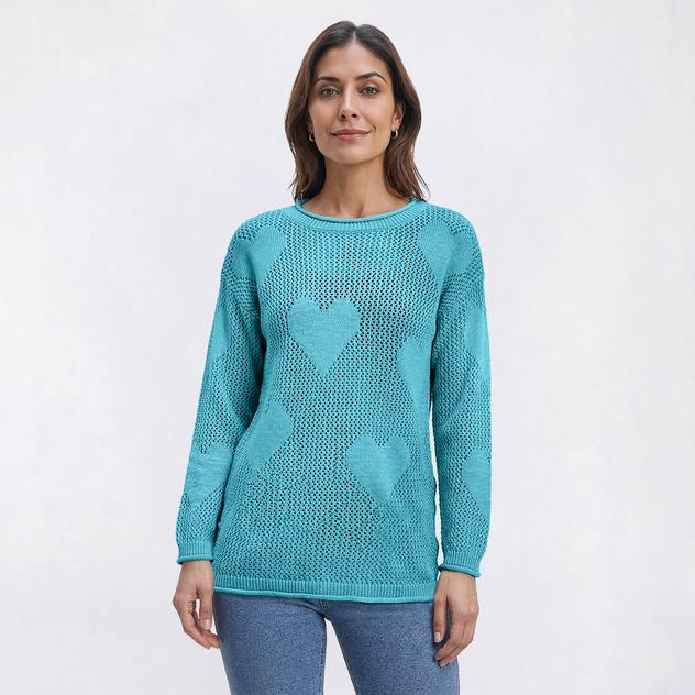 Womens Hanna & Gracie Long Sleeve Heart Crochet Sweater