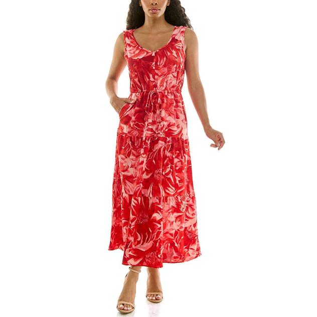 Womens Nina Leonard Sleeveless Drawstring Waist Floral Midi Dress