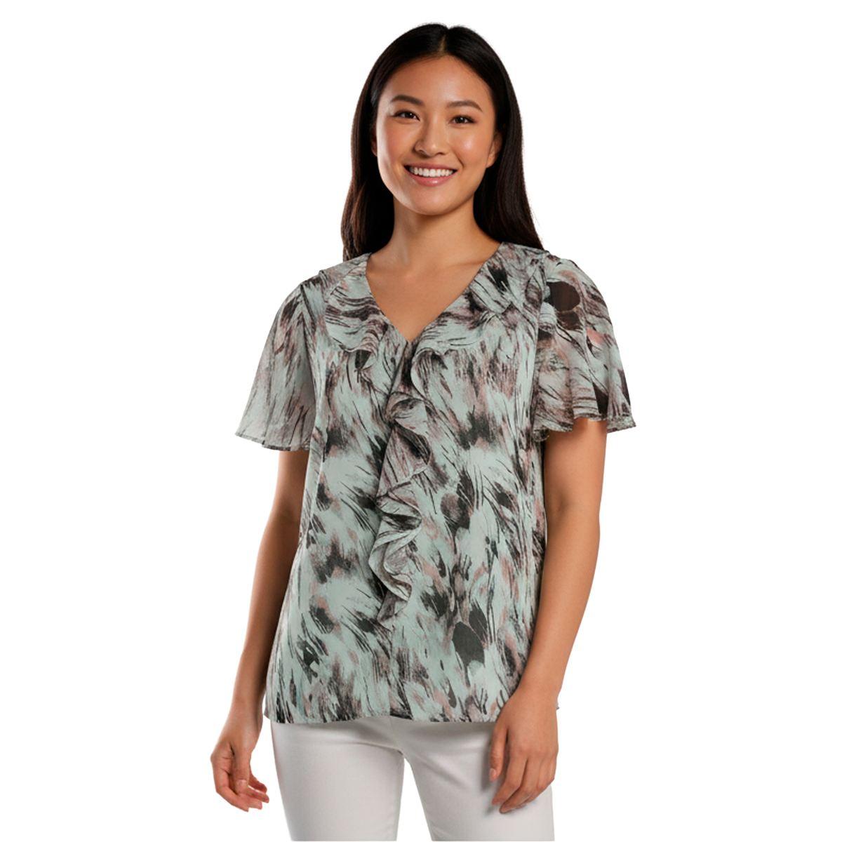 Womens Kasper Short Flutter Sleeve Blurred Brushstroke Blouse