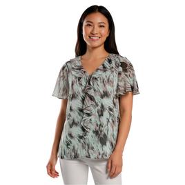 Womens Kasper Short Flutter Sleeve Blurred Brushstroke Blouse
