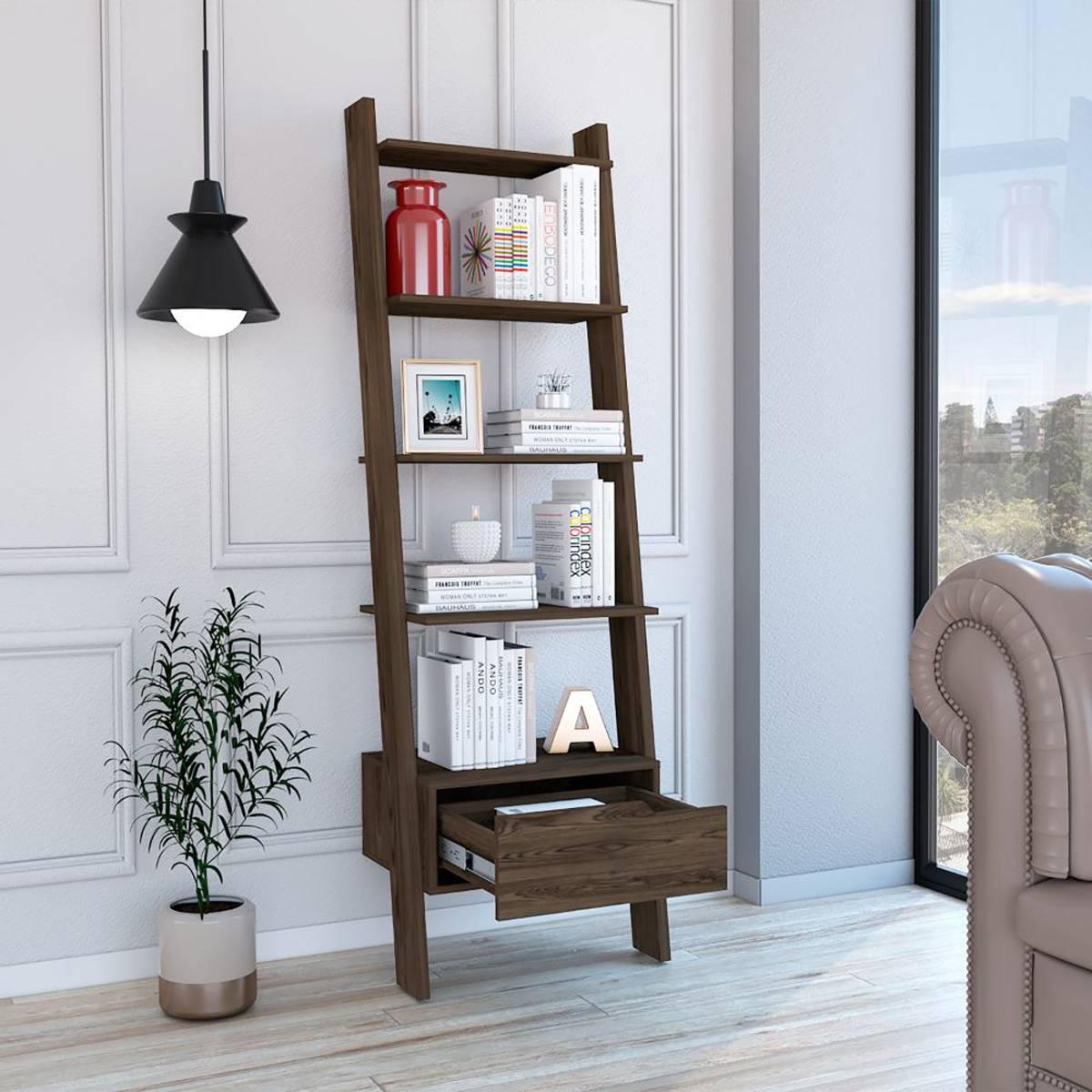 FM FURNITURE Hamburg Dark Walnut Ladder Bookcase