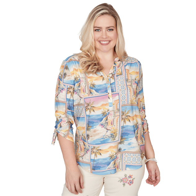 Petite Alfred Dunner Beachcomber Postcard Tie Sleeve Blouse