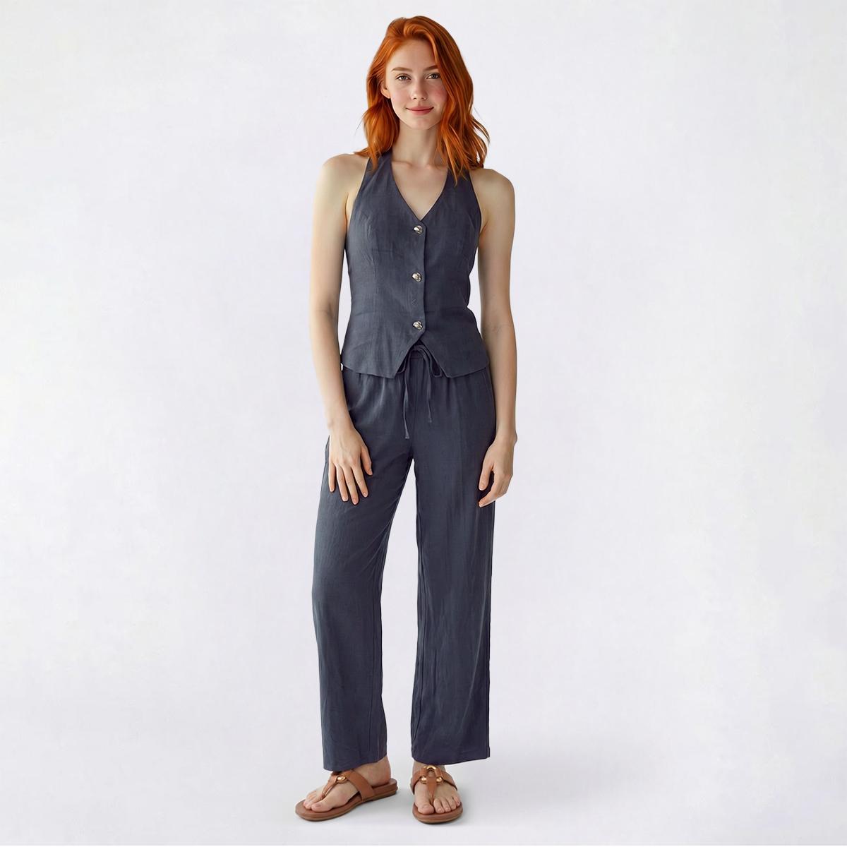 Juniors Hunter & Brown 2 Piece Halter Top and Wide Leg Pants Set