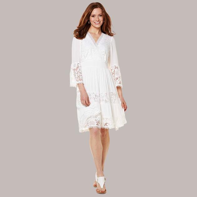 Petite Robbie Bee 3/4 Sleeve Gauze Lace Surplus Neck A-Line Dress