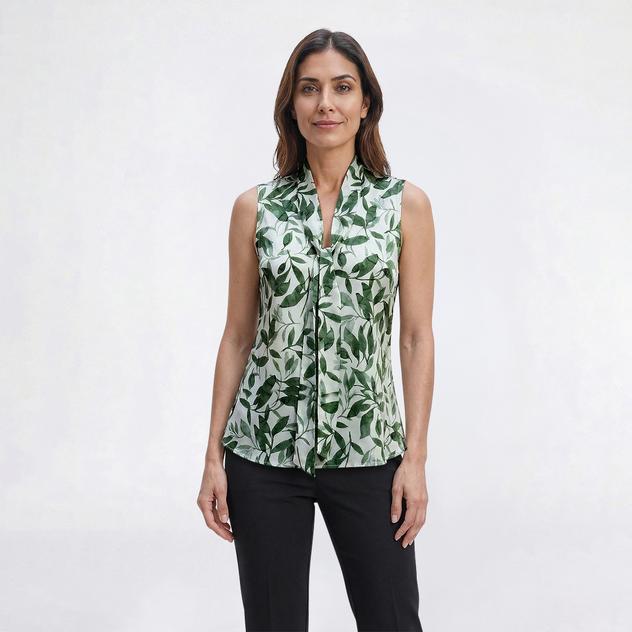 Plus Size Kasper Sleeveless Tie Front Leaf Satin Blouse