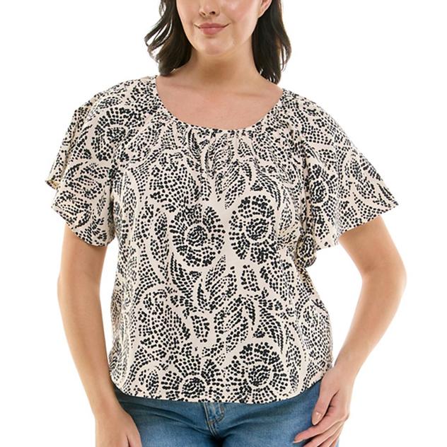 Womens Zac & Rachel Short Flutter Sleeve Dot Floral Blouse